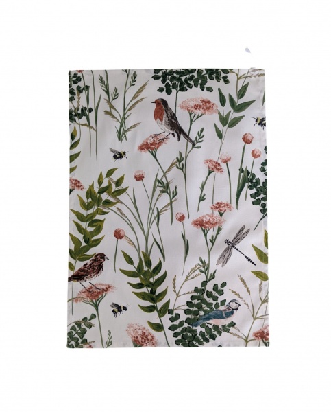 British Garden Birds and Bumble Bees Tea Towel Pink and Green