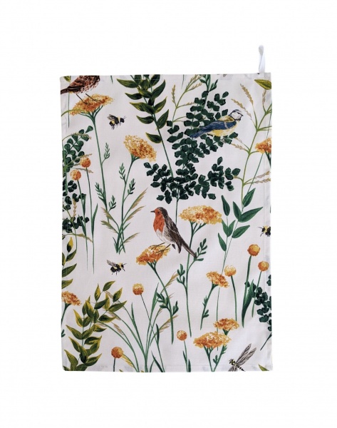 British Garden Birds and Bumble Bees Tea Towel Yellow and Green