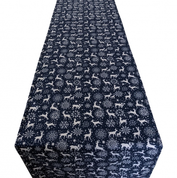 Christmas Navy Blue White Stag and Snowflake Table Runner 100-250cm