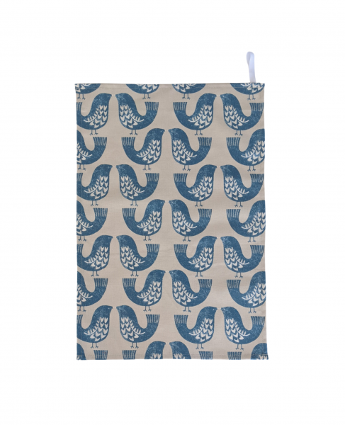 Denim Blue Scandi Birds Tea Towel