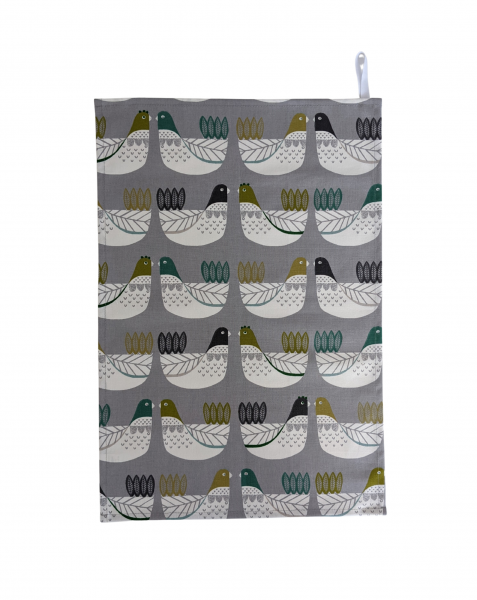 Grey and Green Scandi Chickens Tea Towel