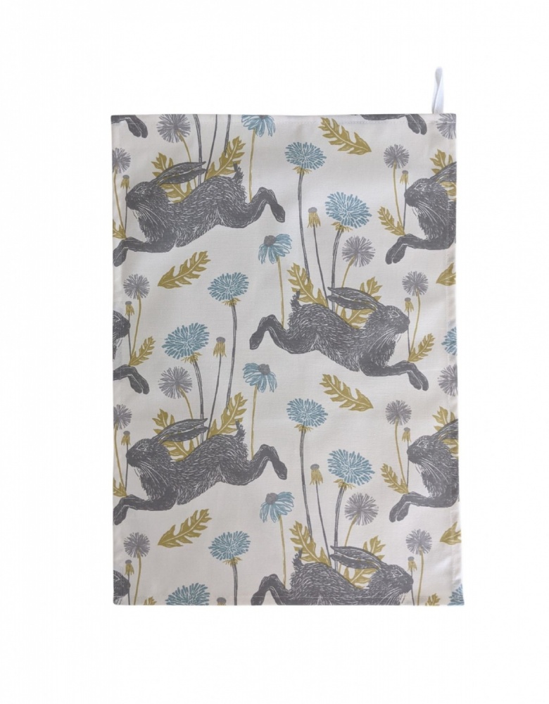 Cream and Blue March Spring Hare Tea Towel