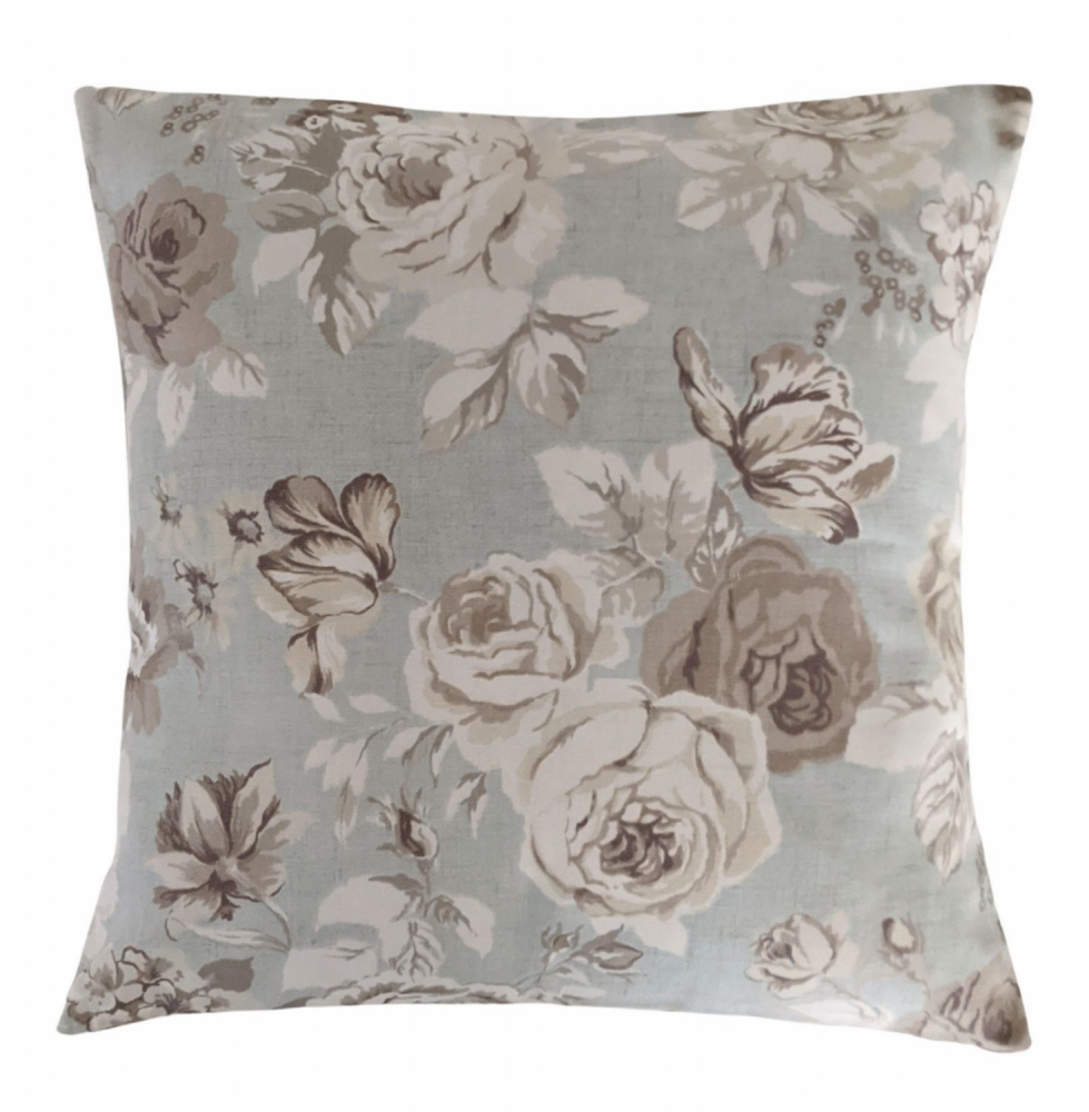Cushion Cover in Clarke and Clarke Genevieve Roses Mineral Blue 14'' 16'' 18'' 20'' 22'' 24'' 26''