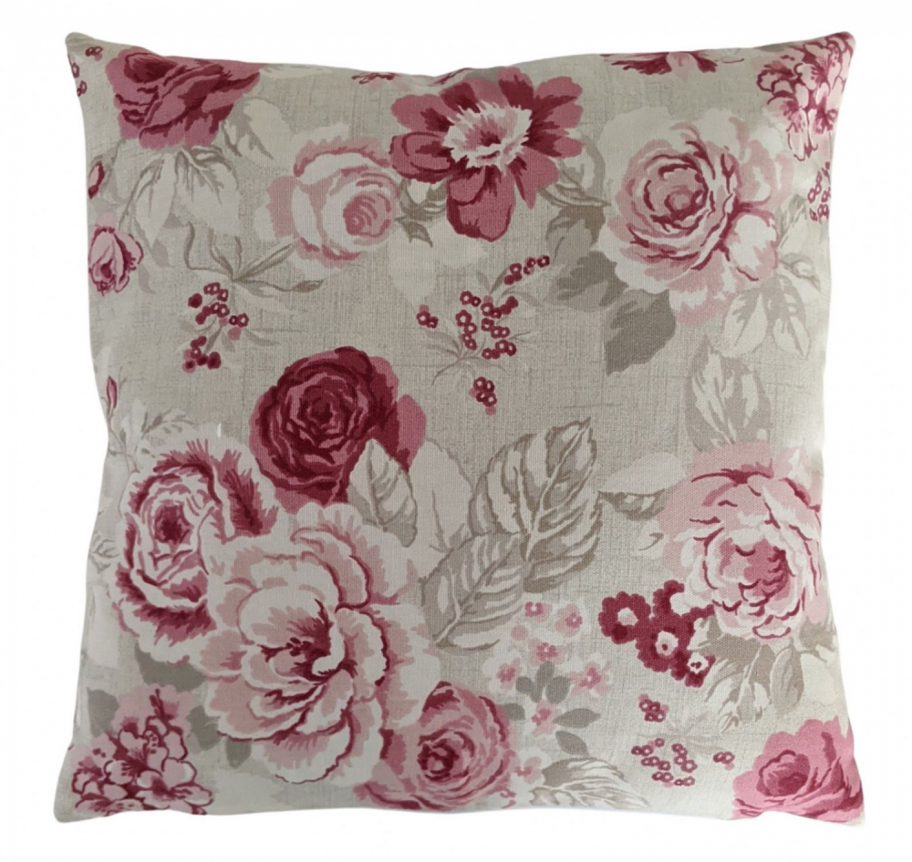 Cushion Cover in Clarke and Clarke Genevieve Roses Raspberry Red 14'' 16'' 18'' 20'' 22'' 24'' 26''