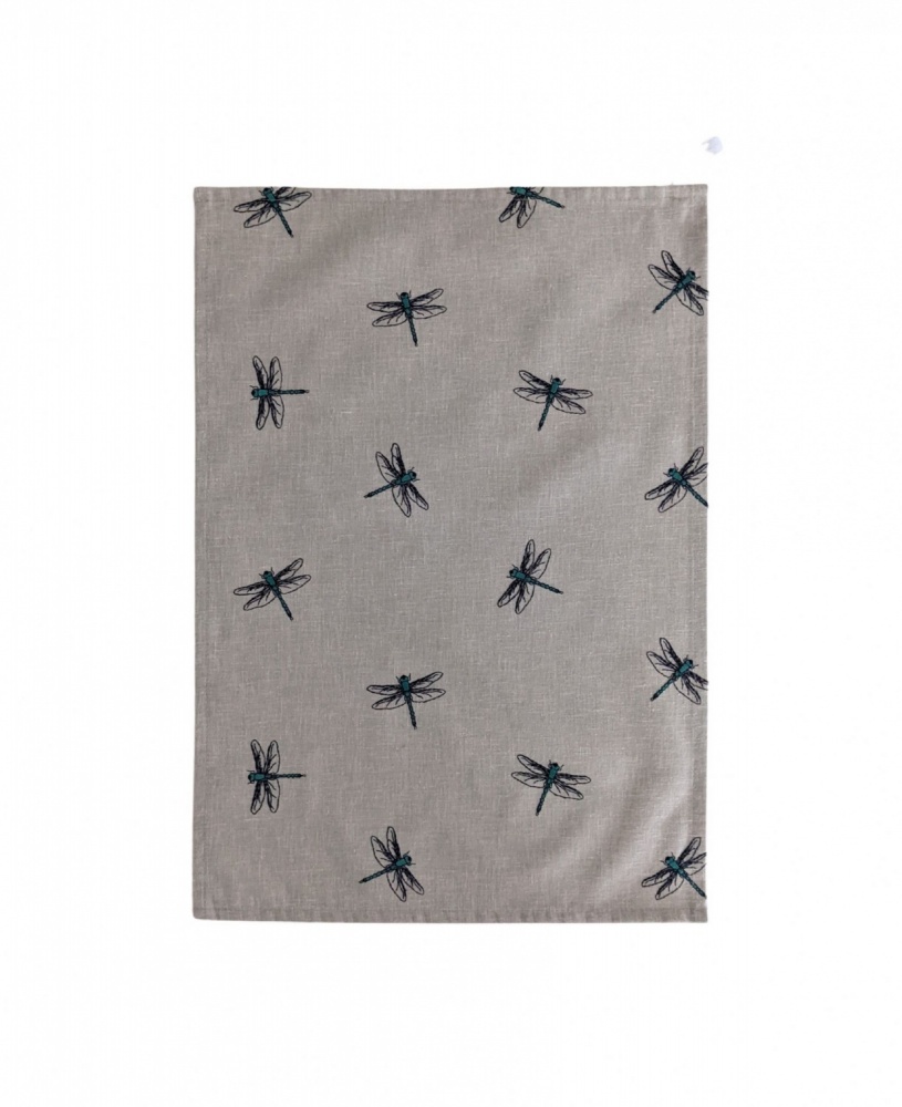 Embroidered Teal Dragonfly Tea Towel