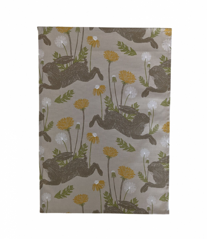 Taupe and Yellow March Spring Hare Tea Towel