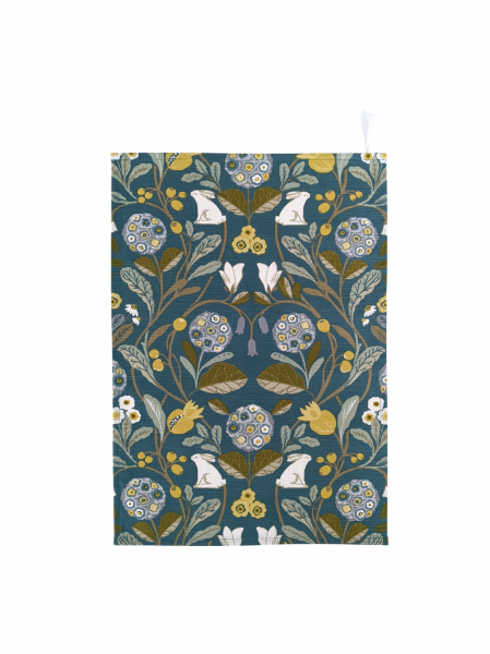 Teal Blue and Yellow Rabbits Tea Towel