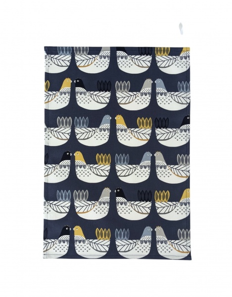 Navy Blue Scandi Chickens Tea Towel