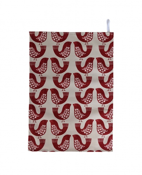 Red Scandi Birds Tea Towel