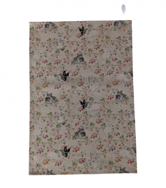 Spring Rabbits and Floral Linen Look Tea Towel