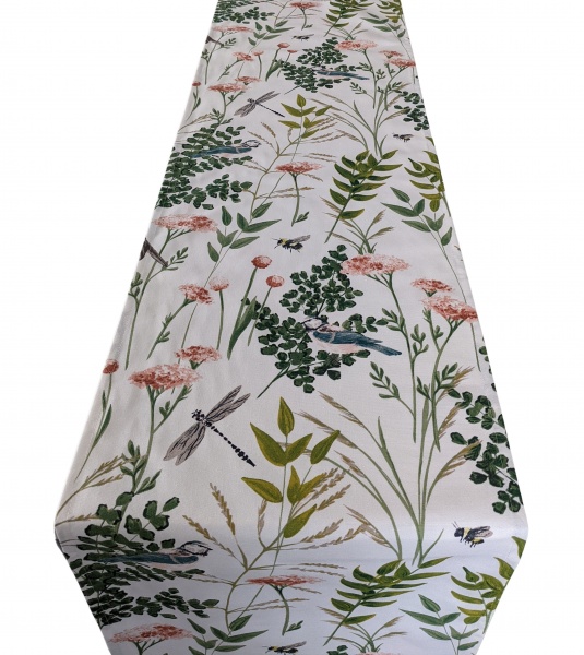Table Runner in Clarke and Clarke Gardenia Bird Bee and Dragonfly Blush Pink