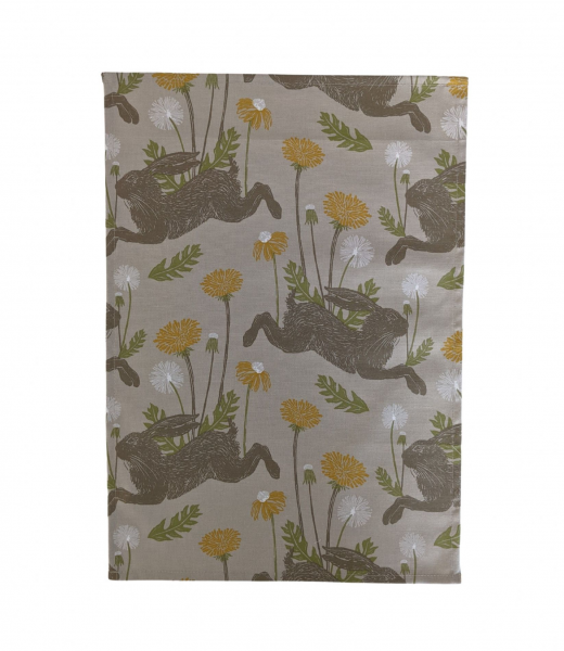 Taupe and Yellow March Spring Hare Tea Towel